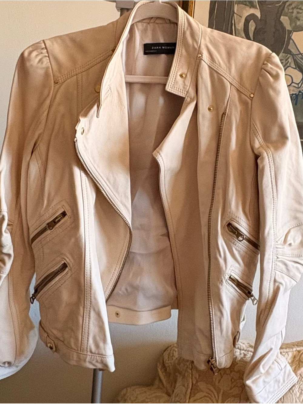 Zara Cream Leather Moto Jacket